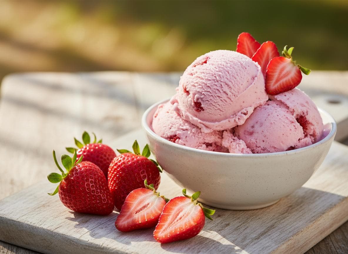 Strawberry ice cream with fresh fruit